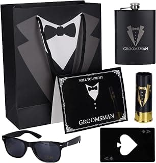 6 Pieces Groomsmen Gifts Set : 1 Pcs 8oz Stainless Steel Tuxedo Flask 1 Pcs Poker Bottle Cap Opener 1 Pcs Groomsmen Gauge Glasses 1 Pcs Sunglasses 1 Pcs Card 1 Pcs Groomsmen Gift Bags for Wedding B0C2Y9C42C