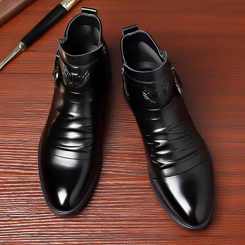 DONRRNDK Men's Leather Embossed Pattern Ankle Boots with Buckle Strap Retro Round Toe Side Zipper Non Slip Block Low Heel Dress Booties for Formal Casual Wear Short Boots