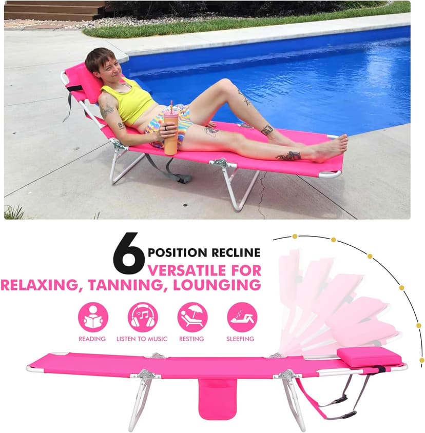 3 in 1 Women Comfort Backpack Beach Tanning Lounge Chair with Cushion Face Hole Softer Padded Adjustable Washable, Layout Sun Chair for Adults Outside Reading Sunbathing Poolside, 6 Position, Pink