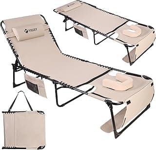 VILLEY Oversized Chaise Lounge Chair with Face Hole, Adjustable Reclining Beach Chair, Portable Tanning Chair, Outdoor Folding Sunbathing Chair for Patio Lawn Beach Pool