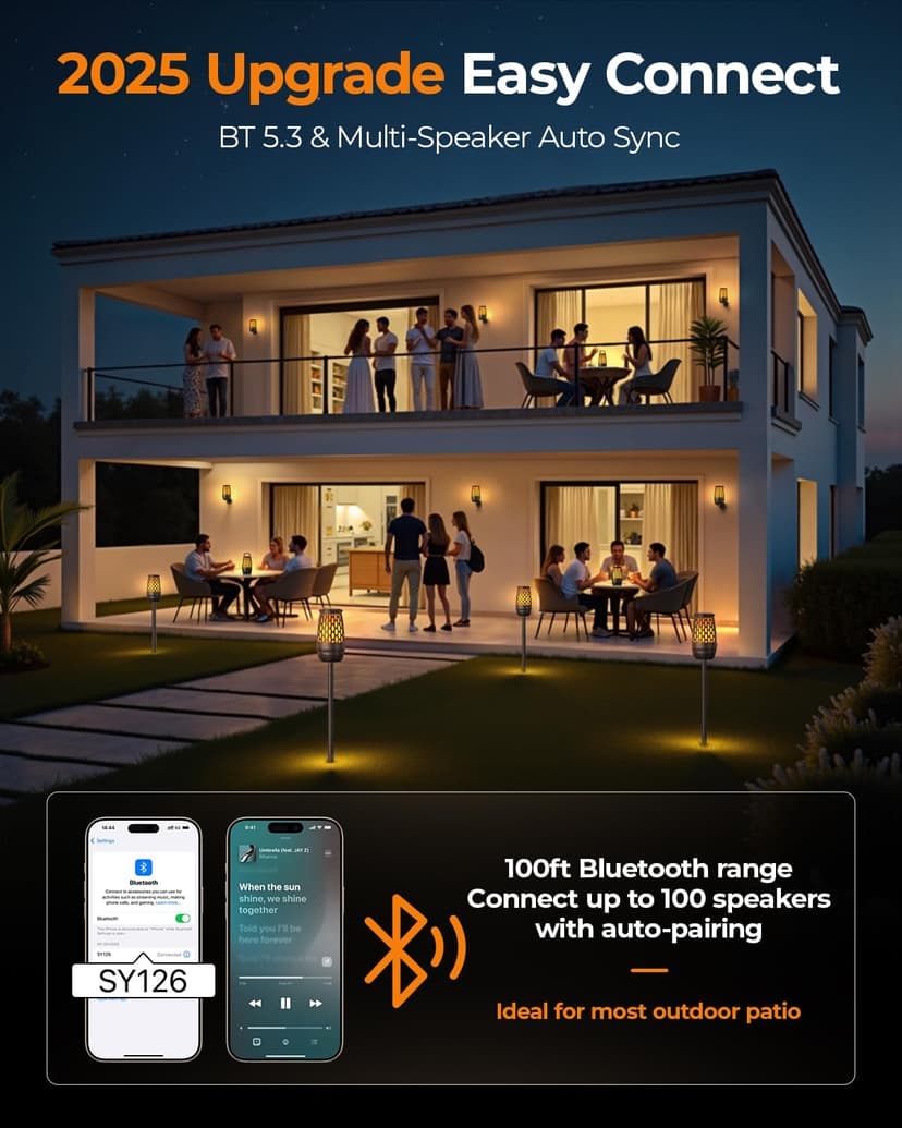 Outdoor Speakers Bluetooth Waterproof IPX6 with Flame Lights, Gadget Gifts for Dad Her Him, Hd Stereo Sound, BT 5.3 Multi-Sync to 100 Speakers, Portable Wireless Speaker for Patio Cafe Decor Party