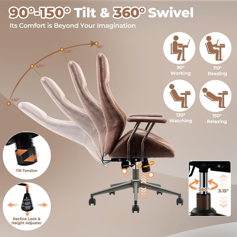 ovios Ergonomic Office Chair, High Back Faux Leather Executive Chairs with Armrests, Comfy Mid-Century Modern Swivel Rolling Computer Armchair (Dark Brown, Suede Leather)