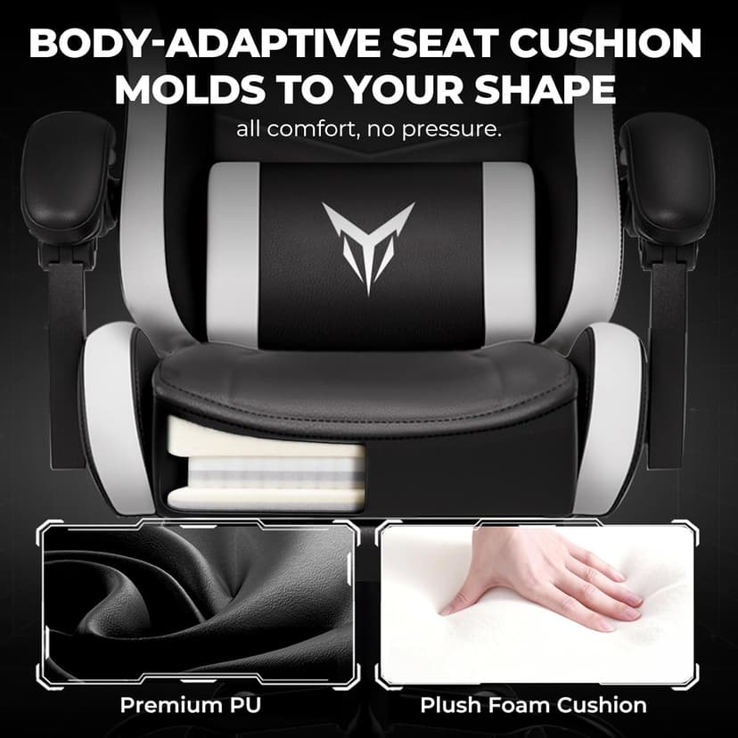 GTPLAYER Gaming Chair High Back Computer Chairs with Foot Rest for Adults, Ergonomic Height Adjustable Recliner Chair 300lbs with Linkage Armrest and Lumbar Support for Home Office, White