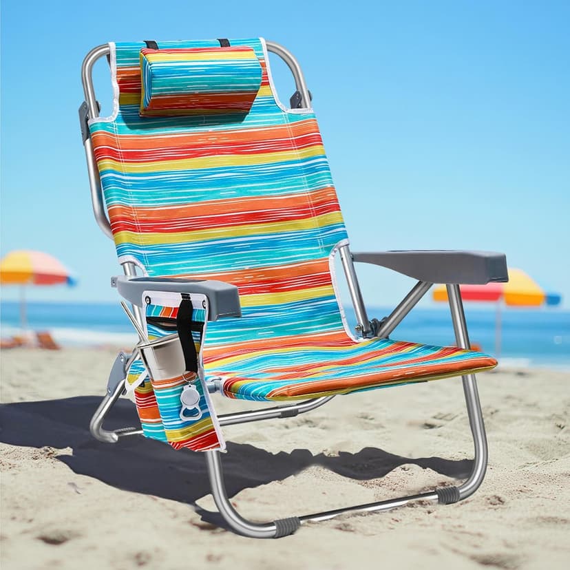 PASAMIC Backpack Beach Chair for Adults Portable, Lay Flat Reclining Beach Chair with 5 Positions, Tall Heavy Duty Folding Chairs with Cup Holder, Cooler Pouch, Towel Bar, Multicolor Stripe
