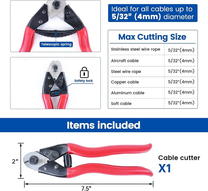 Cut up to 5/32"(4mm) Wire Ropes and Cables, For Cable Railing & Bicycle Brake Repair & Other DIY Projects, Neatly Cutting Muzata Cable Cutter for Cutting up to 5/32" Wire Ropes and Cables CR12 B06XCX2LL7