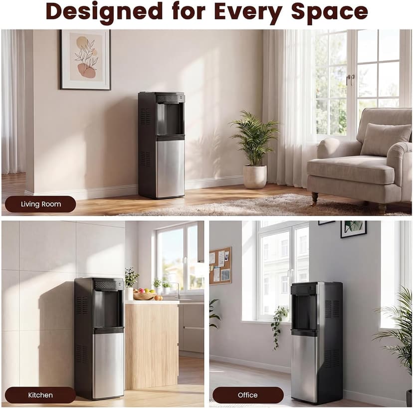 3 in 1 Water Cooler Dispenser with Ice Maker, Bottom-Loading Water Cooler Hot and Cold for Home & Office, 33lbs/24H Bullet Ice, Top Loading 3-5 Gallon, Child Safety Lock, Ice Ready in 7 Mins