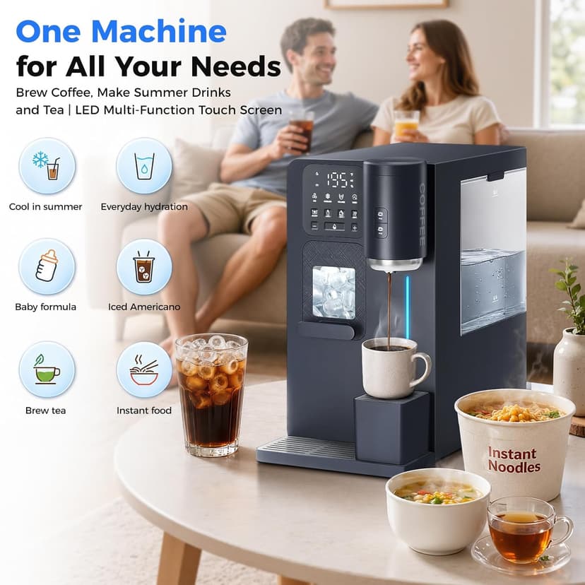 3-in-1 Water Dispenser with Ice Maker - Coffee Maker Countertop Bullet Ice Maker with 12H Timer, Hot/Cold/Warm Adjustable Volume Water, K-Cup® Ground Coffee Brewer for Home Office Studio Gift