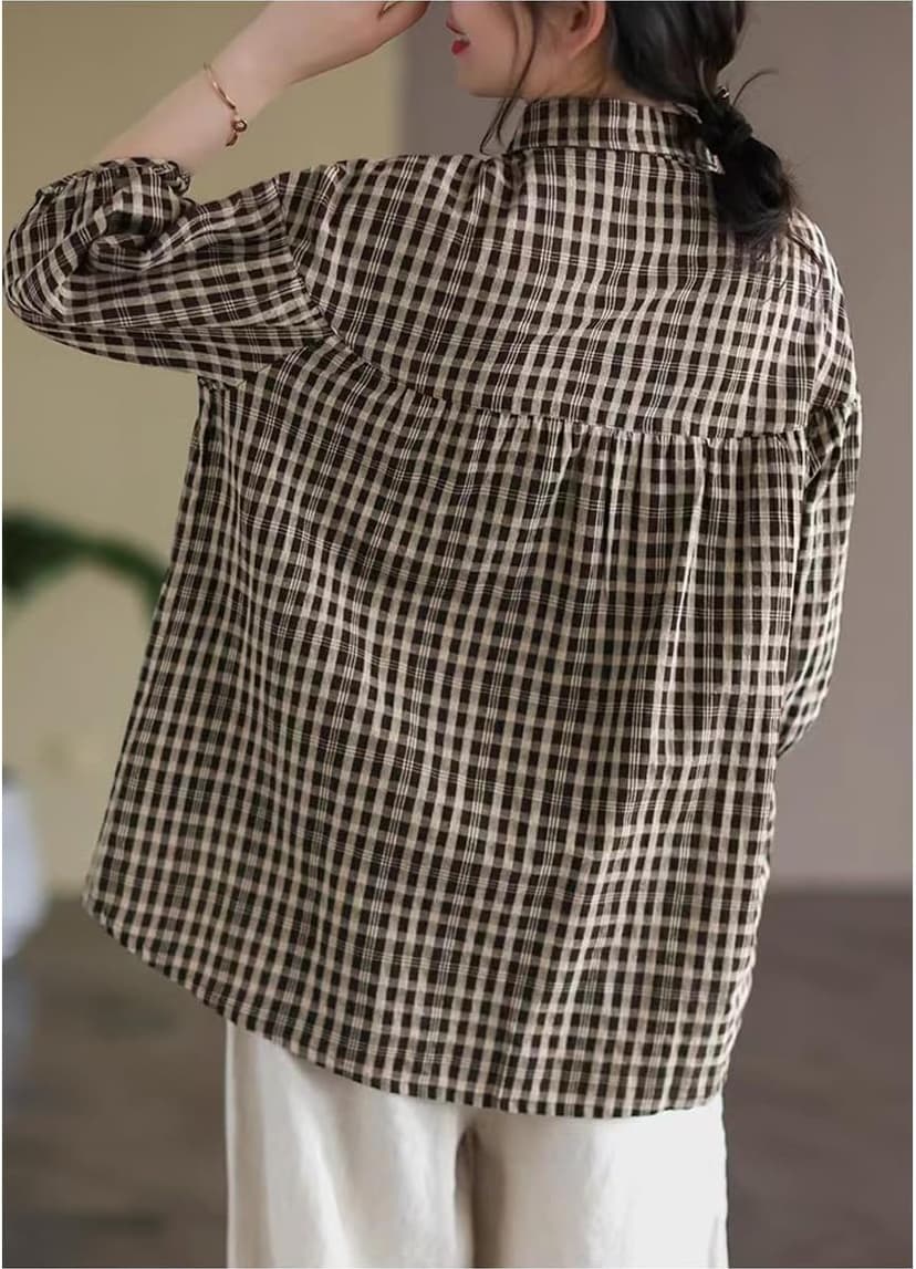 FEUSEUZ Korean Style Summer Shirt Women's Retro Cotton Linen Checkered Shirt Women's Loose Casual Short Sleeved top