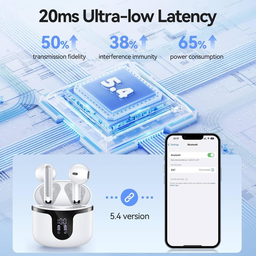 BHNYBWUL Wireless Earbuds, Bluetooth Headphones 5.4 Stereo 50 Hour Playback Ear Buds with LED Display and with ENC Noise Cancelling Mic Wireless Earphones, for Phone, Tablet, Laptop, Sports, White