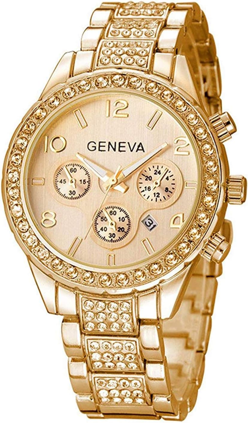 Gosasa Luxury Unisex Crystal Diamond Watches Quartz Digital Calendar Rose Gold Silver Stainless Steel Watch