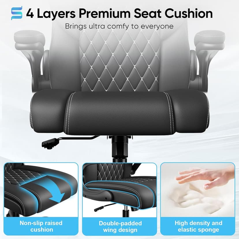 Sytas Executive Leather Office Chair, Comfy Desk Chair with Adjustable Headrest & Flip-up Padded Arms & Lumbar Support, Adjustable Hight and Tilt, Rolling Swivel Chair, Black