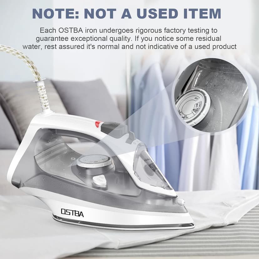 OSTBA 1600W Steam Iron for Clothes with Rapid Heating Nonstick Soleplate, Precise Thermostat Dial, Self-Cleaning, Anti-limescale, Drip Stop Function, 300ml Water Tank Clothes Iron