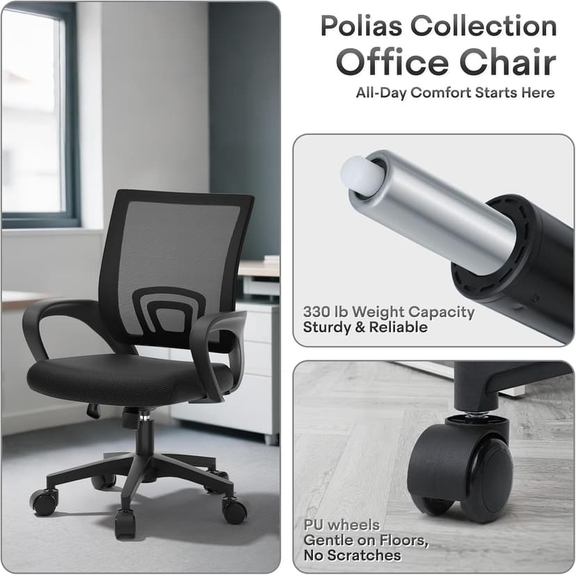 Ergonomic Office Chair - 330Lbs, Breathable Mesh Computer Desk Chair with Lumbar Support & Armrest, Rolling Swivel Adjustable Tilt Lock for Home Office/Gaming, Bedroom Study