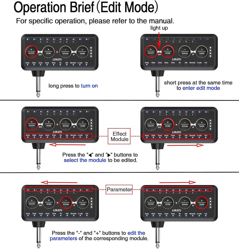 LEKATO Micro Guitar Headphone Amp Bass Guitar Headphone Amplifier with Multi Effects - Amp Models, IR Loading, Tuner, Rechargeable Electric Headphone Amplifier Delay Reverb Chorus Overdrive Portable