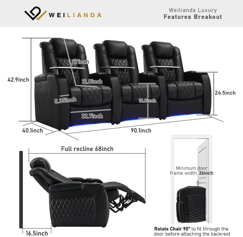 Weilianda Home Theater Seating Top Grain Leather, Zero Gravity Movie Theater Chairs Set, Power Headrest Recliner Chair Gaming Seats, 7 Colors Mood Light Sofa with Tray Table USB Charge Row of 3 Black