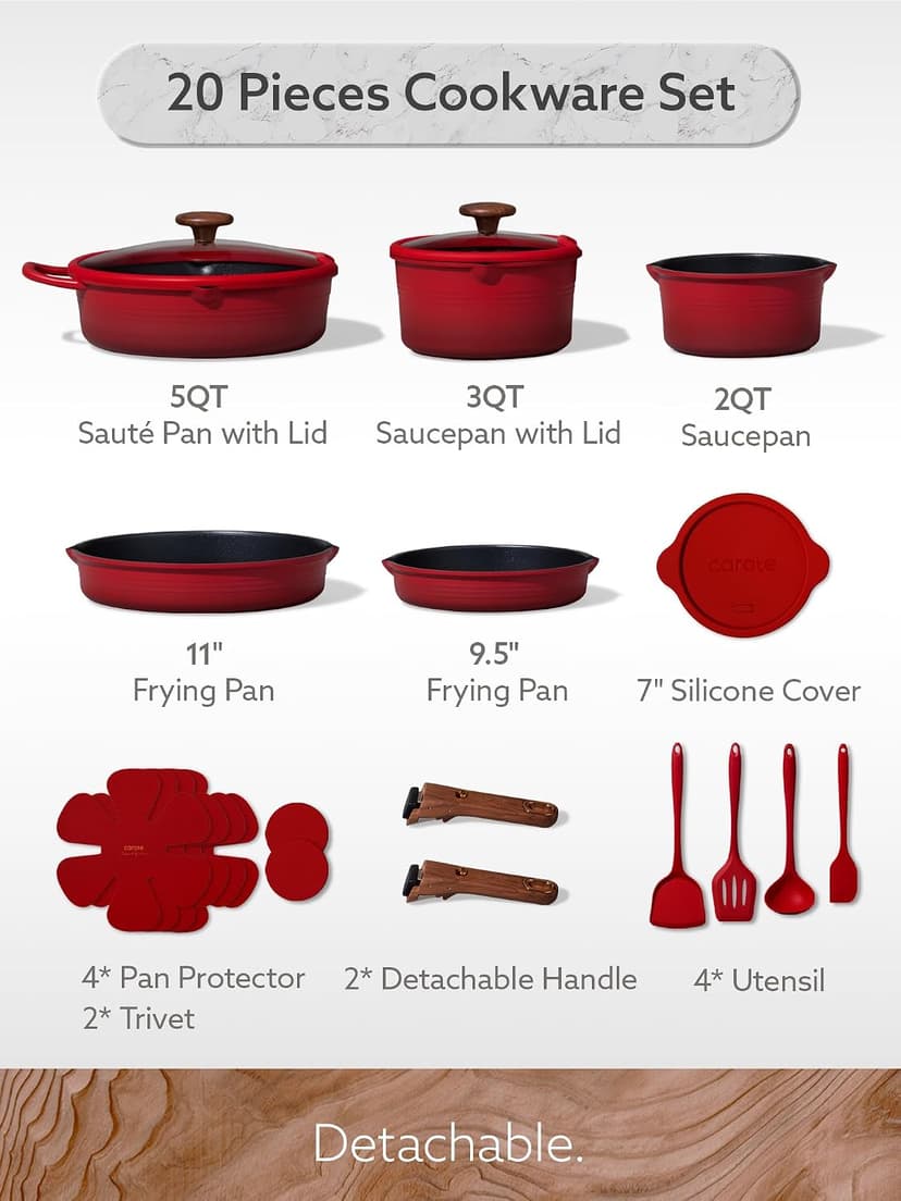 Non-Stick, Non-Toxic, Induction Compatible, Dishwasher & Oven Safe, Space Saving, Camping Cooking, House Warming Gift, Red CAROTE 20pcs Titanium Cookware Set, Detachable Handle Pots and Pans Set B0G6DTV7NG