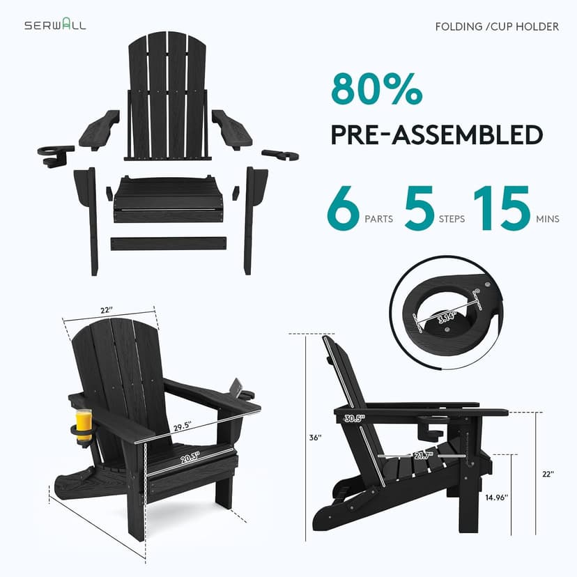 SERWALL HDPE Folding Adirondack Chair with Dual Cup Holder - Composite Adirondack Chair Set of 4- Black