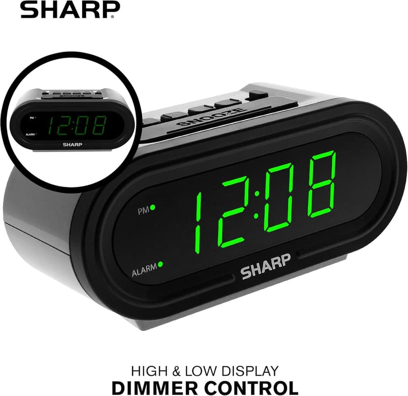 Sharp Digital Alarm with AccuSet - Automatic Smart Clock, Never Needs Setting - Great for Seniors, Kids, and Everyone who Doesn't Want to Set a Clock! Silver Case with Green LEDs