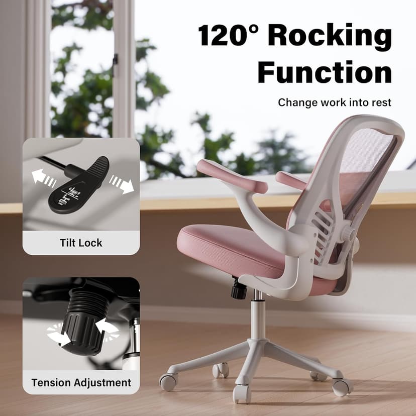 GYI Ergonomic Office Chair, Mesh Desk Chair with Adjustable Lumbar Support and 3D Flip-up Arms, Computer Chair with Wheels, Pink