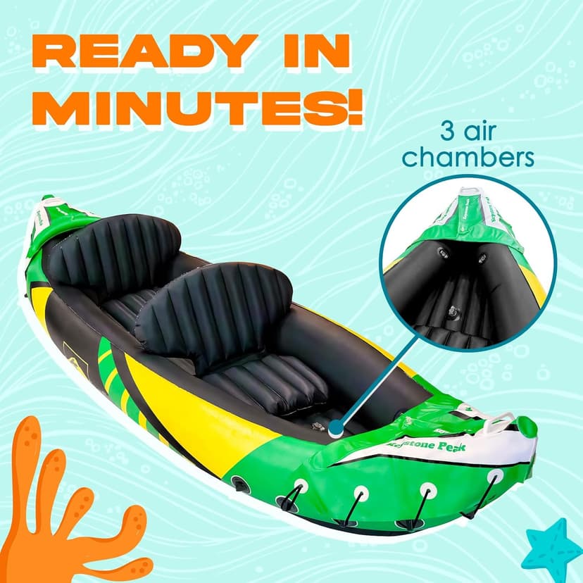 Inflatable Kayak 2 Person with Detachable Sun Canopy – Heavy-Duty Tandem Kayak for Adults – Reinforced Paddles, Waterproof Phone Bags, Adjustable Seats, Extra Seat for Dog or Child