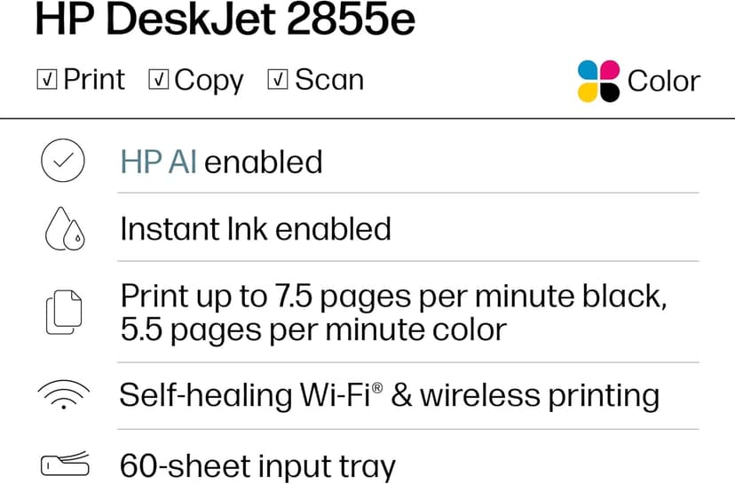 HP DeskJet 2855e Wireless All-in-One Color Inkjet Printer, Scanner, Copier, Best-for-home, 3 months of Instant Ink included, Single-band Wi-Fi connectivity (588S5A)