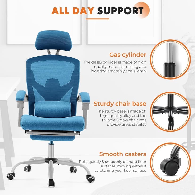 Sweetcrispy Office Computer Desk Chair with Footrest,Ergonomic High-Back Mesh Rolling Work Swivel Chairs with Wheels,Comfortable Lumbar Support,Comfy Arms for Home,Bedroom,Study,Student,Light Blue
