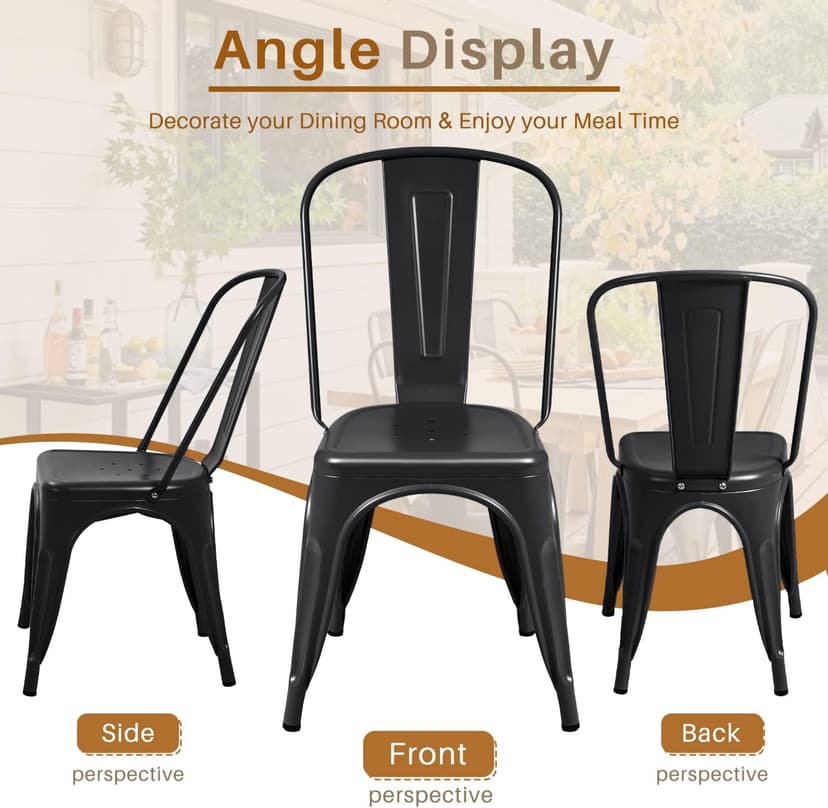 Furmax Metal Dining Chair Indoor-Outdoor Use Stackable Classic Trattoria Chair Chic Dining Bistro Cafe Side Metal Chairs Set of 4 (Black)