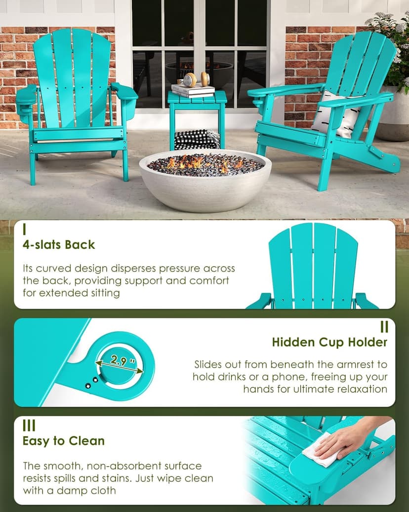 GREENVINES Folding-Adirondack-Chairs-Set-of-2 | w/Cup Holder | HDPE Plastic | All-Weather Patio Fire Pit Chairs | for Outdoor Poolside Deck | Aqua