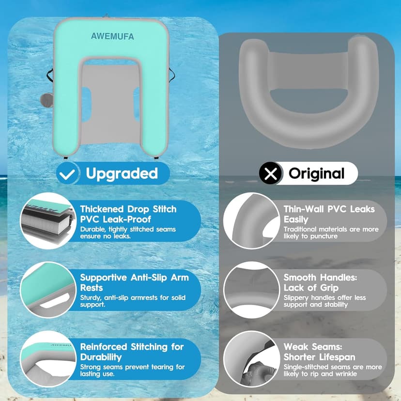 AWEMUFA Inflatable Chair for Lakes, Inflatable Floating Chair Floating Pool Lounger Float Adult, Heavy Duty Lake Floats Outside Tanning Pool Hangout Armrest Floaties