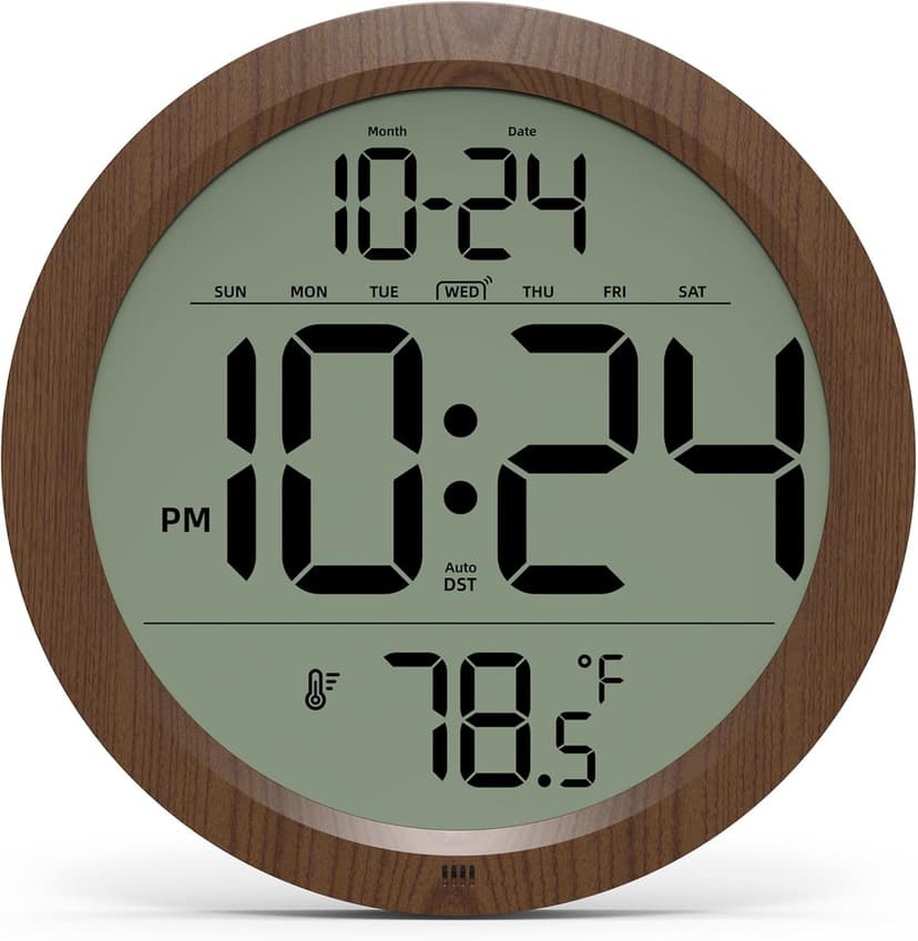 Digital Wall Clock with Date, Indoor Temperature, Auto-DST, Battery-Operated Digital Clock, 8 Inch Small Decorative Wood Wall Clock for Bedroom, Living Room, Kitchen, Office, Modern, Electric, Simple