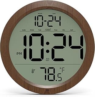 Digital Wall Clock with Date, Indoor Temperature, Auto-DST, Battery-Operated Digital Clock, 8 Inch Small Decorative Wood Wall Clock for Bedroom, Living Room, Kitchen, Office, Modern, Electric, Simple