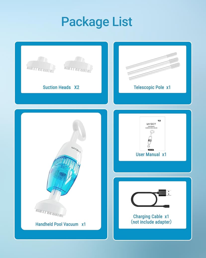 (2025 New) WYBOT Hyson 100 Handheld Pool Vacuum with Two Brush Heads, Cordless Pool Vacuum for Above Ground Pool, Telescopic Pole, 60 Mins Runtime, Deep Cleaning for Spa/Hot Tub/Small Pool