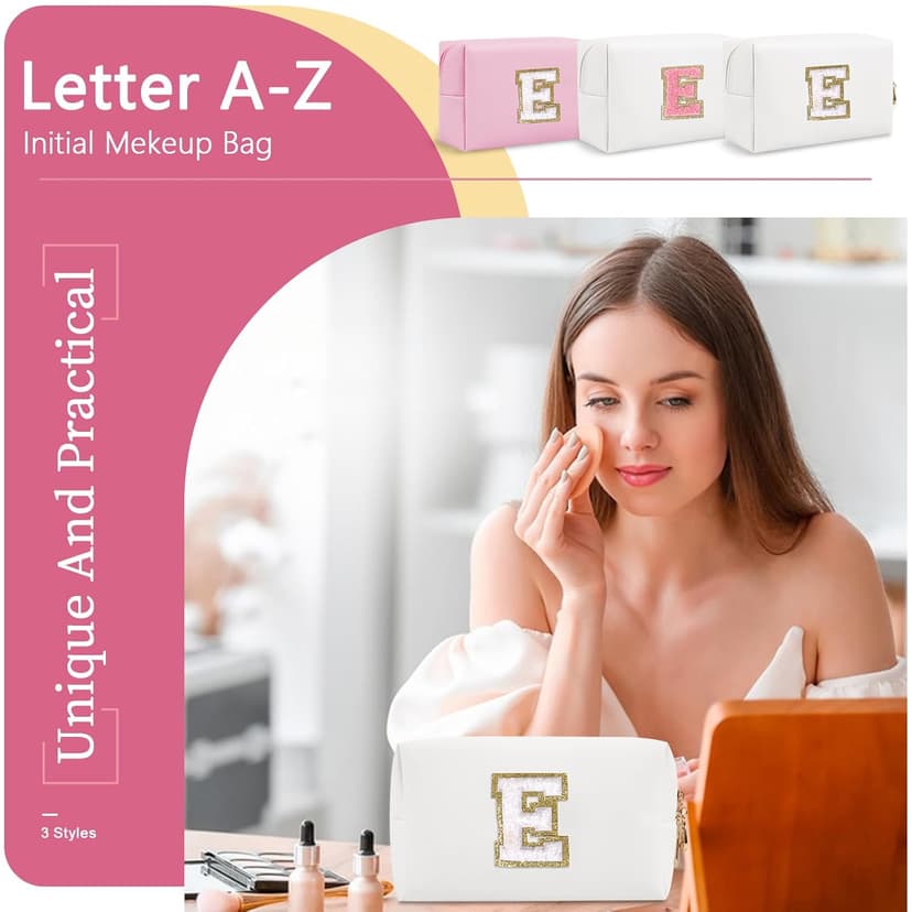 Small Personalized Initial A-Z Preppy Patch Makeup Bag,White PU Chenille Letter Travel Cosmetic Pouch with Zipper,Cute Toiletry Bag,Gift Ideal for Teen Girls Women Teacher Bridesmaid,Letter E