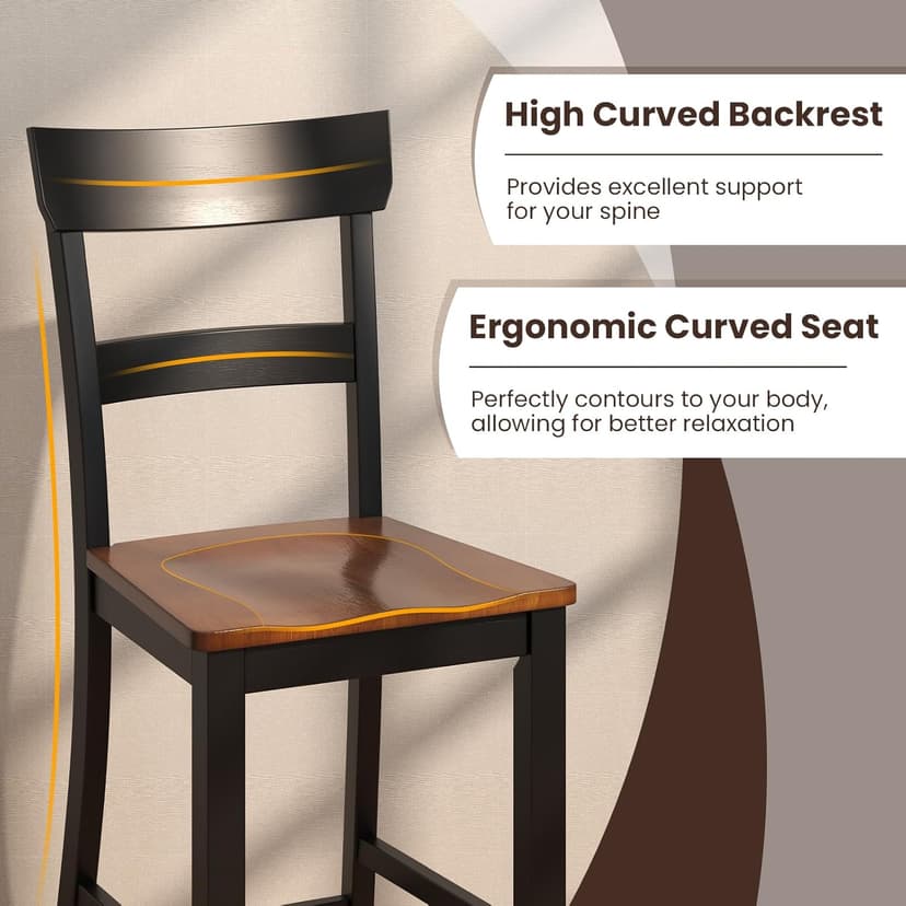 COSTWAY Counter Height Bar Stools Set of 4, 24'' Mid Century Modern Island Chairs with Rubber Wood Legs and High Backrest, Wooden Barstools for Home Kitchen, Dining Room, Bar, Restaurant (Black)