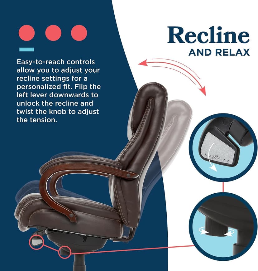 La-Z-Boy® Bellamy Executive Office Chair with Memory Foam Cushions, Real Wood Arms and Swivel Base, Waterfall Seat Edge, Faux Bonded Leather, Brown