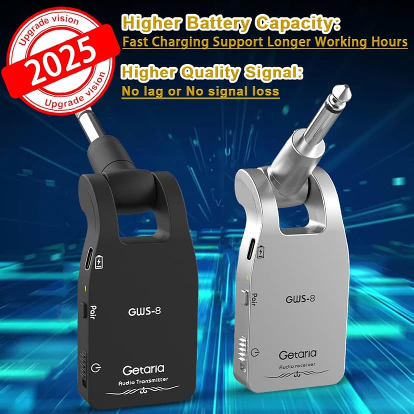 Getaria Upgrade 2.4GHZ Wireless Guitar System Built-in Rechargeable Lithium Battery Wireless Guitar Transmitter Receiver for Electric Guitar Bass