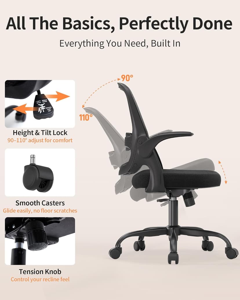 Ergonomic Mesh Office Chair with Flip-Up Arms, Adjustable Height, Breathable Mesh Back & Thick Cushion Seat, 360° Swivel Rolling Computer Desk Chair, BIFMA Certified, Supports 300 lbs (Black)