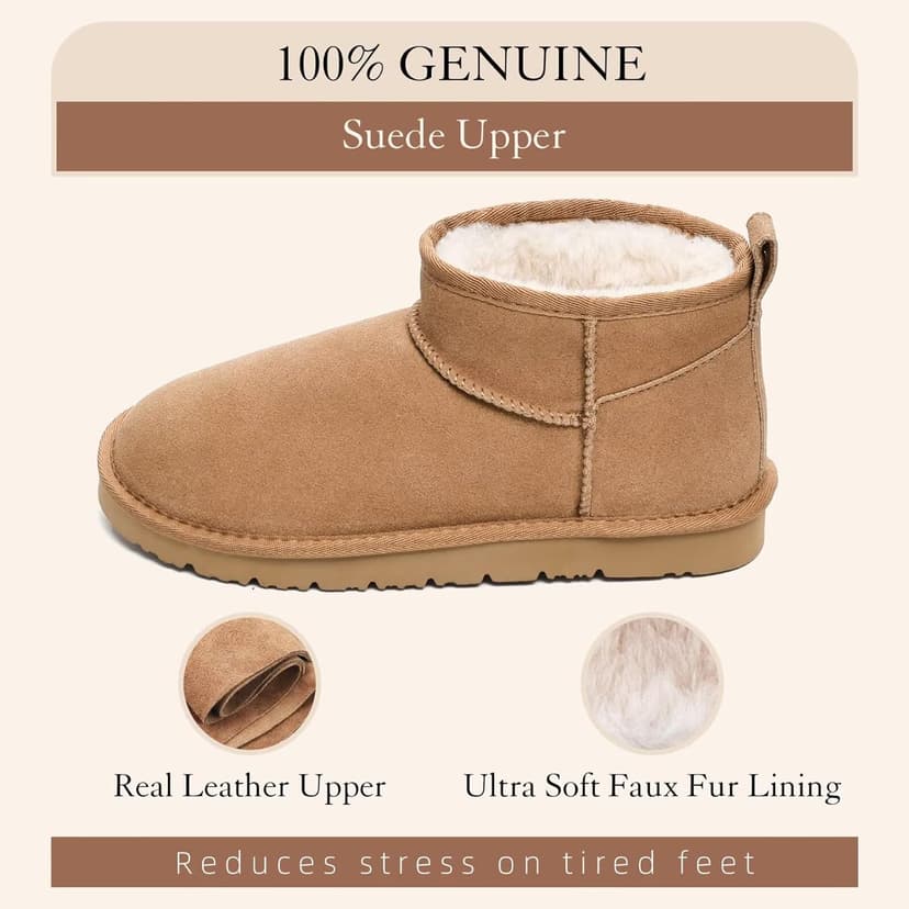 OOW 100% Genuine Suede Ankle Low Boots for Women Short Winter Snow Boot with Cozy Fur Lined
