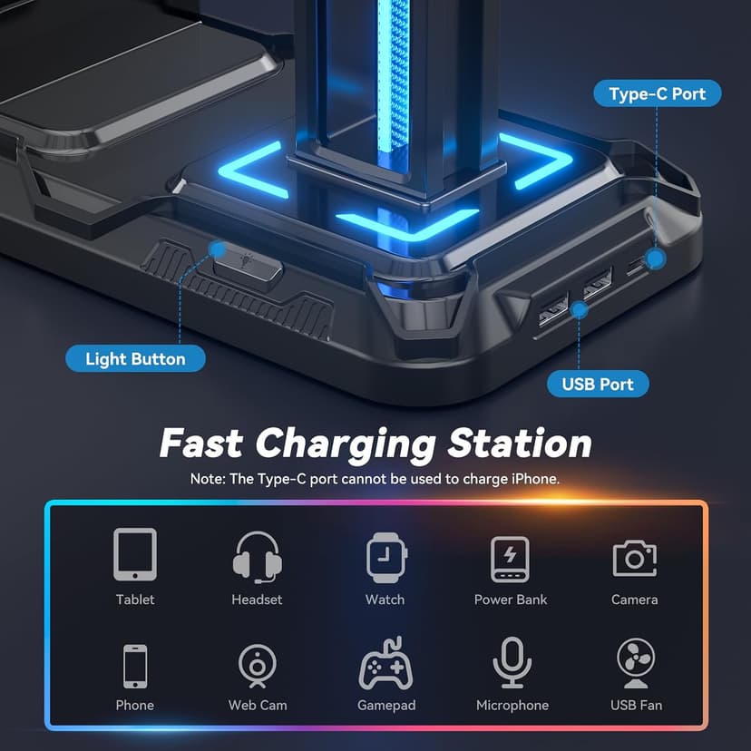 KDD Headset Stand with Charging Station - Detachable Controller Holder with 9 Light Modes - Rotatable Headphone Hanger with USB A&C Charger Ports - Earphone Hook for PC Gaming Accessories Storage B0DGGH8KN1