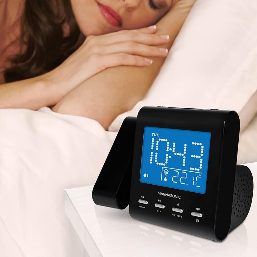 Magnasonic Projection Alarm Clock with AM/FM Radio, Battery Backup, Auto Time Set, Dual Alarm, Nap/Sleep Timer, Indoor Temperature/Date Display with Dimming & 3.5mm Audio Input - Black (EAAC601)