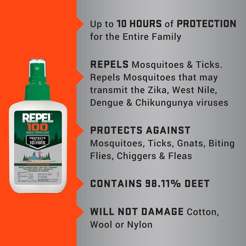 Repel 100 Mosquito and Insect Repellent, 4 Ounces, With DEET, 10-Hour Protection Long-Lasting Insect Repellent Bug Spray Repels Mosquitoes, Ticks, Gnats, Biting Flies, Chiggers And Fleas