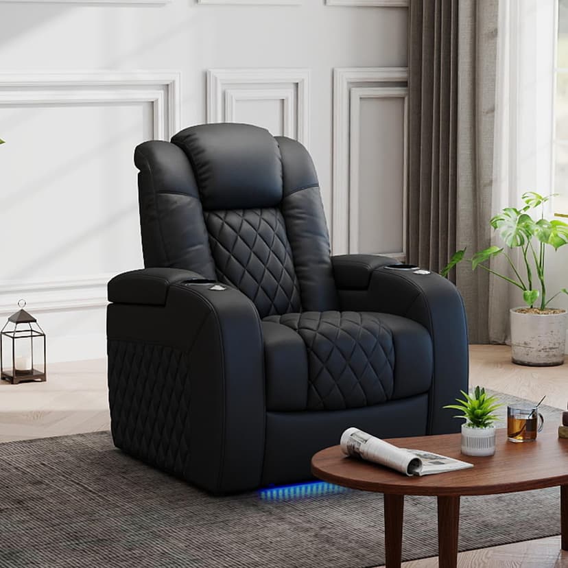 PBRO Home Theater Seating Top Grain Leather Recliner Chair, Movie Theater Chair Sofa with Power Reclining & Headrest USB Charger Ports Ambient Lighting, Black Single Seat for Home
