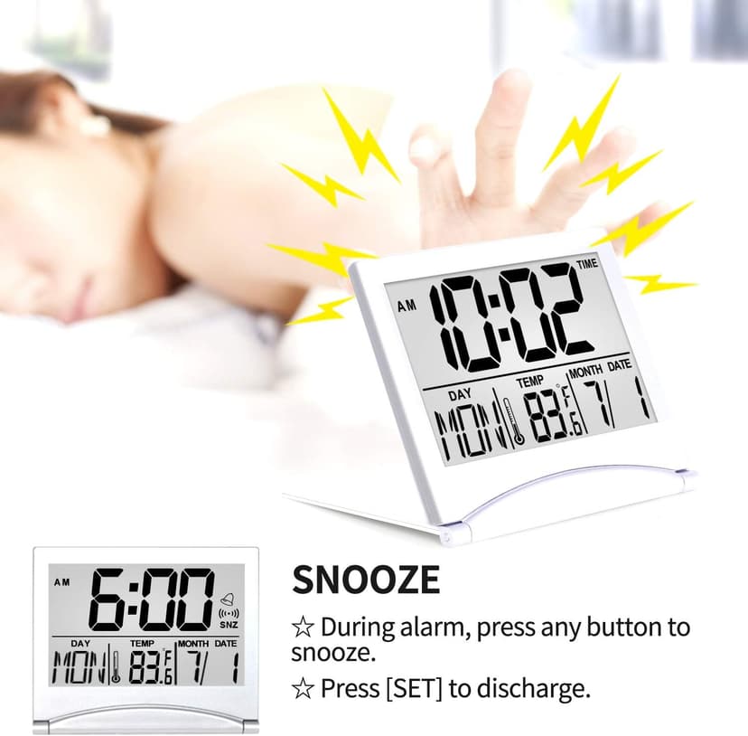 Betus Digital Travel Alarm Clock - Foldable Calendar Temperature Timer LCD Clock with Snooze Mode - Large Number Display, Battery Operated - Compact Desk Clock(Silver, No Backlight)