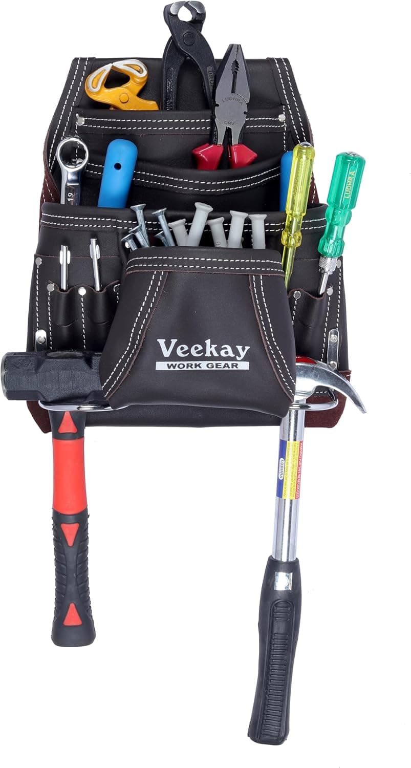 VEEKAY 10 Pockets Men Resin Finish/Oil Tanned Leather Tool Pouch White and Brown Bags Fastener Carpenter's Nail, Tool Heavy Duty Steel Hammer Loop, Belt Loop for Electrician Technician Installers