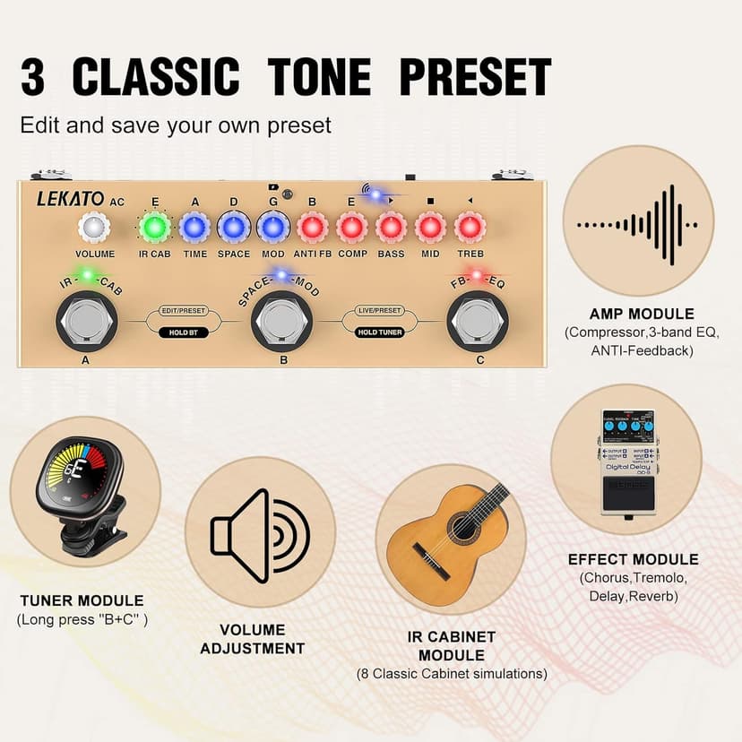 LEKATO Multi Effects Pedal for Acoustic Guitar, with IR Loading 9 AMP Models, Acoustic Multi Effects Processor, Bluetooth 5.0,Recording, Built-in Battery