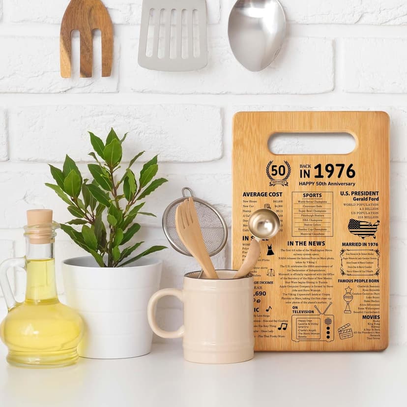 50th Wedding Anniversary Cutting Board Gifts for Women Men Marriage Gifts for Couple 1975 Poster Back In 1975 50th Anniversary Decorations 100% Organic Bamboo Pre Oiled 11"L x 7"W x 0.5"Th