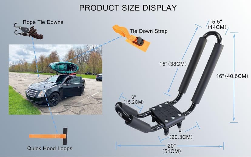 Kayak Roof Rack 2 Pairs Heavy Duty J-Bar Carrier Holder for Canoe, SUV, Cars, Truck, Surf Ski, Tie-Mount on Car Roof Top Crossbar for Trip - Includes 8 Pcs Ratchet, Set of 4