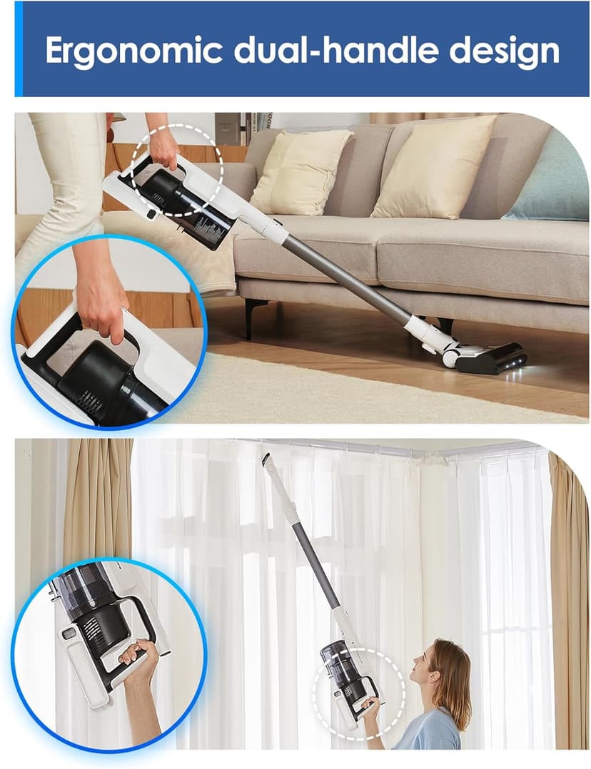 Tineco A20 Cordless Stick Vacuum Cleaner, Powerful Suction, 3 Modes for Multi-Level Messes, 1L Larger Dustbin, Ergonomic Dual-Handle Design, Wall-Mount Dock, LED Headlight