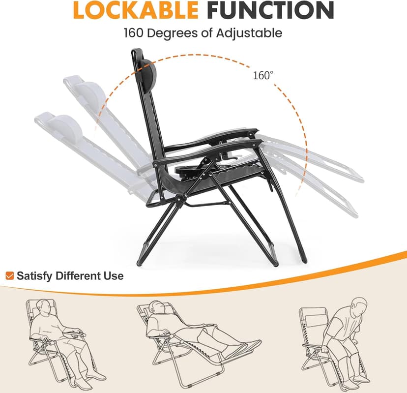NEWBULIG Zero Gravity Chair Set of 2, Lounge Chair Folding Portable Adjustable Camping Reclining Chairs with Adjustable Pollow, Mesh Back, Cup Holder Trays Lawn Patio Chair for Pool Beach