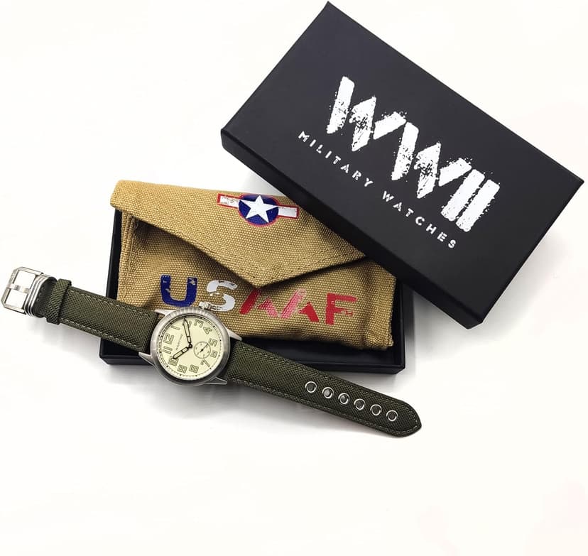 WTI WORLD TIME INTERNATIONAL WARTIME | WW2 Military Watch – Vintage USAAF Watch, Swiss-Quartz Movement with Canvas strap and leather lining, 10 ATM Water Resistant. The Perfect WW2 Memorabilia. Mens Watches for Ever